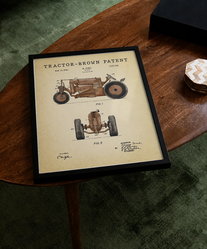 Brown tractor patent print displayed on a tabletop
