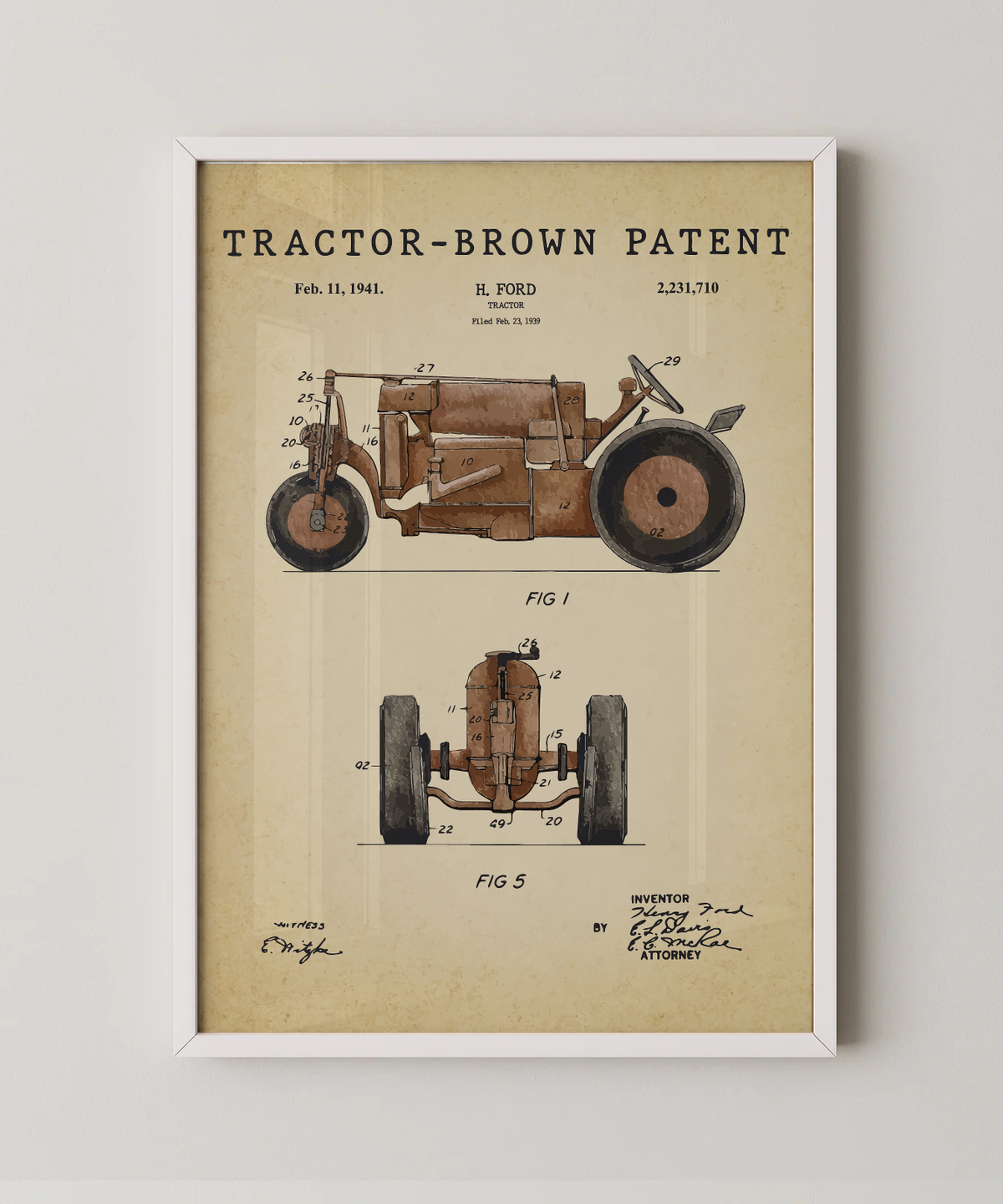 Brown tractor patent print in a white frame