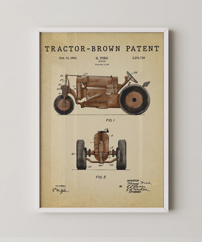 Brown tractor patent print in a white frame