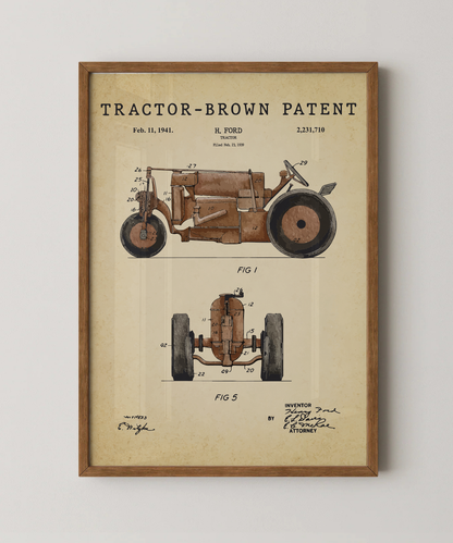 Brown tractor patent print in a natural oak wood frame
