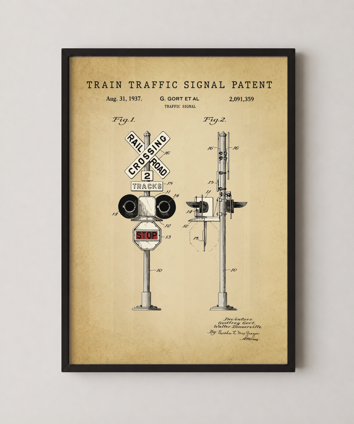 Train traffic signal patent print in a black frame