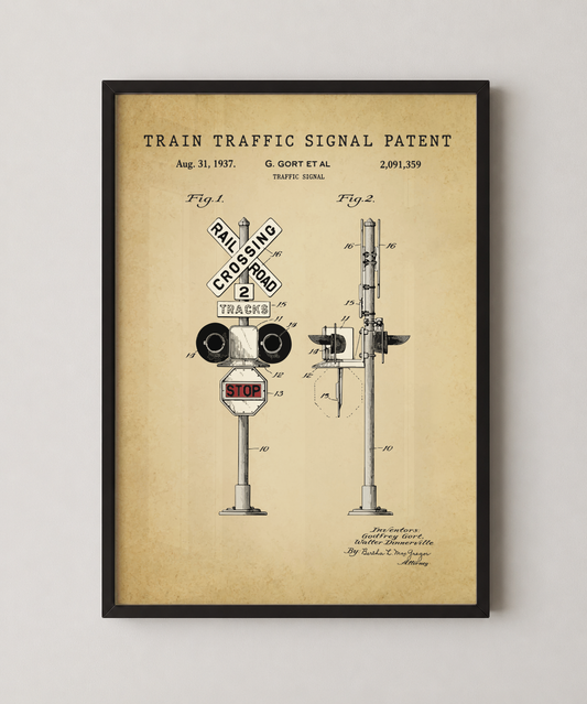 Train traffic signal patent print in a black frame