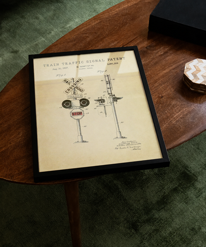 Train traffic signal patent print displayed on a tabletop
