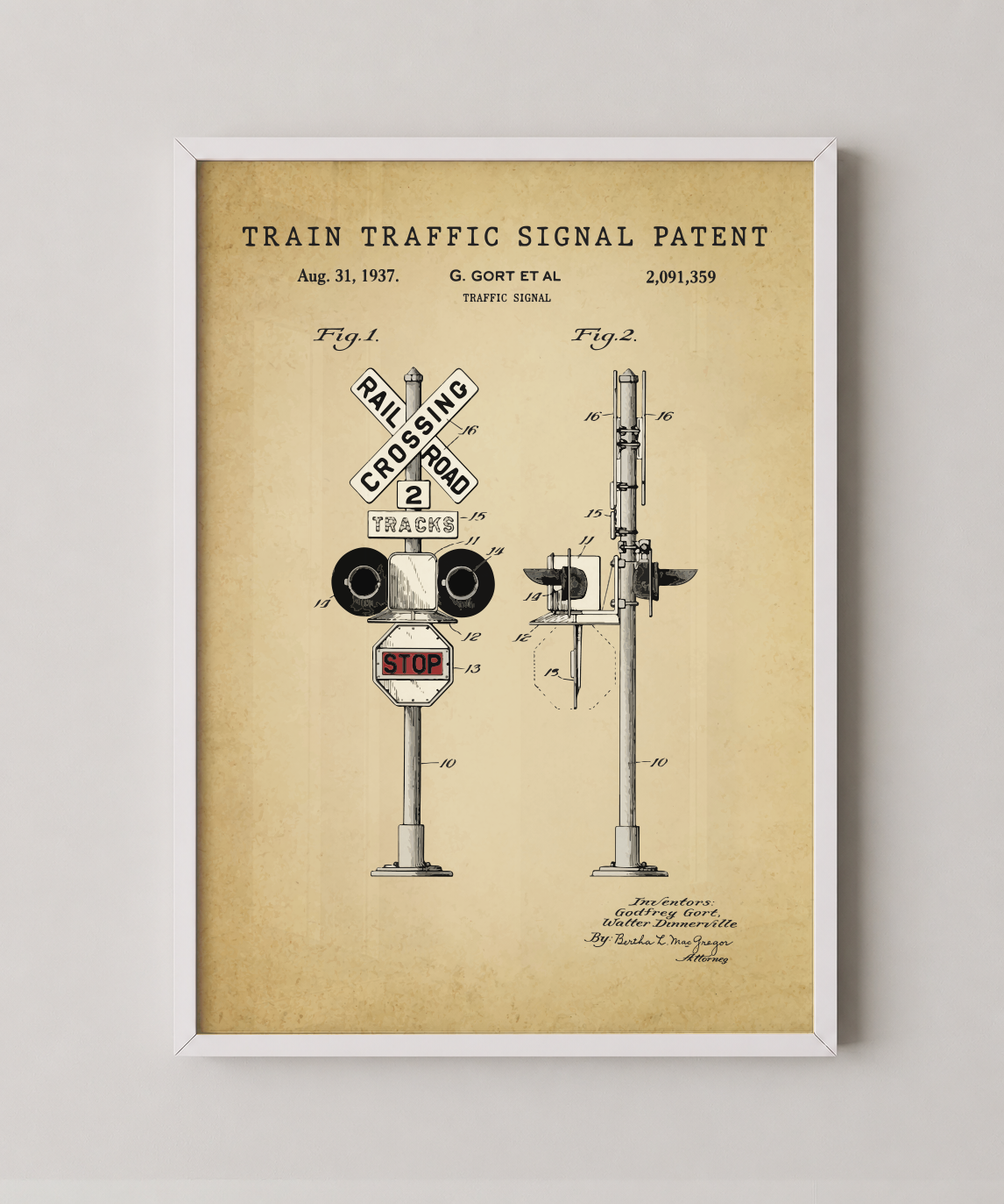 Train traffic signal patent print in a white frame