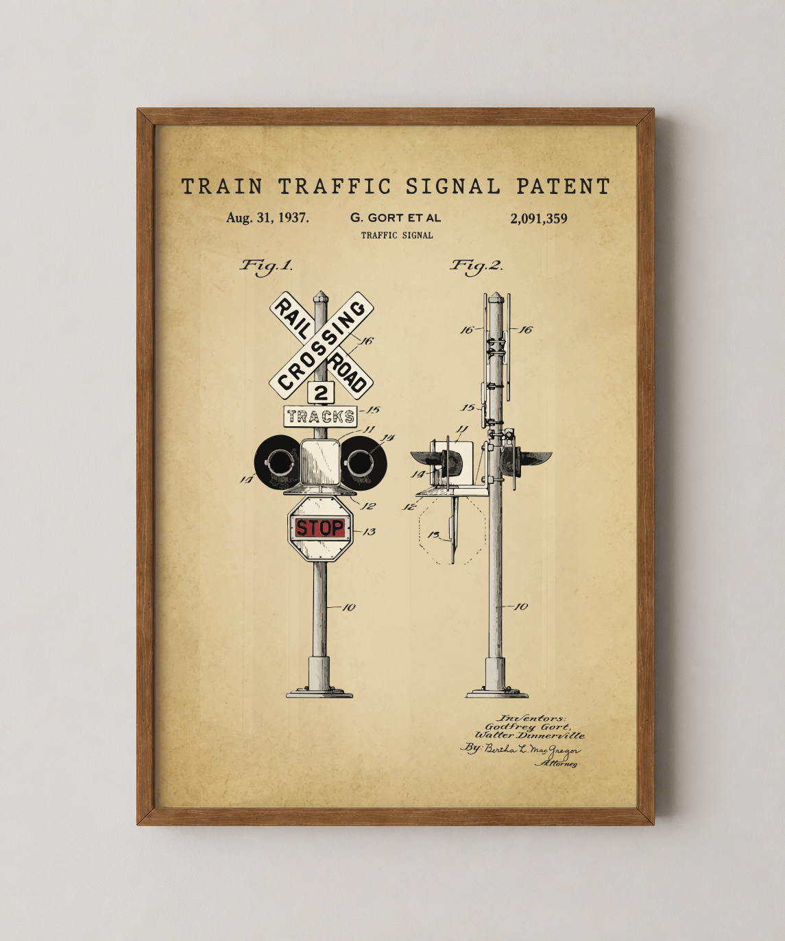 Train traffic signal patent print in a natural oak wood frame