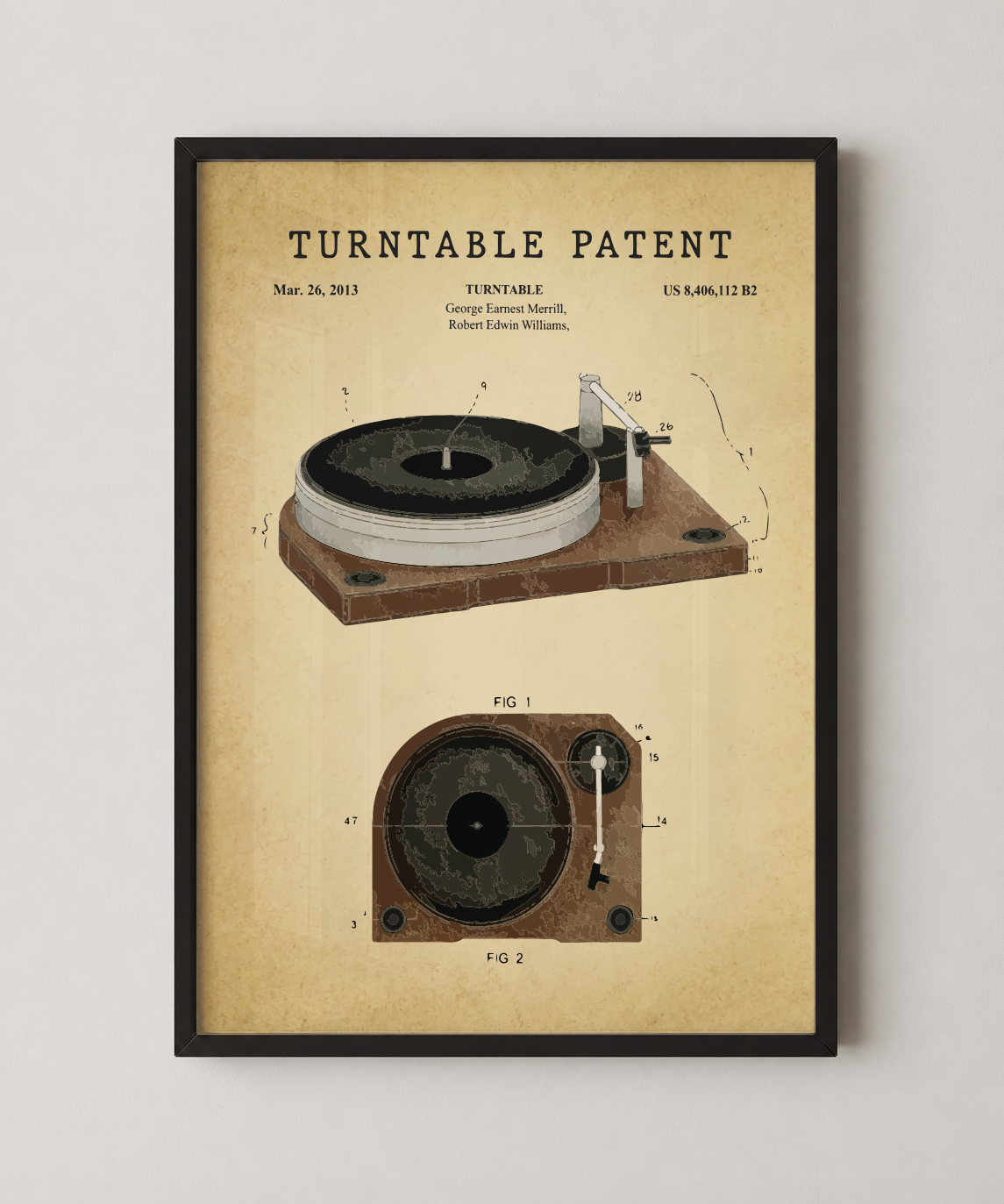 Turntable patent print in a black frame