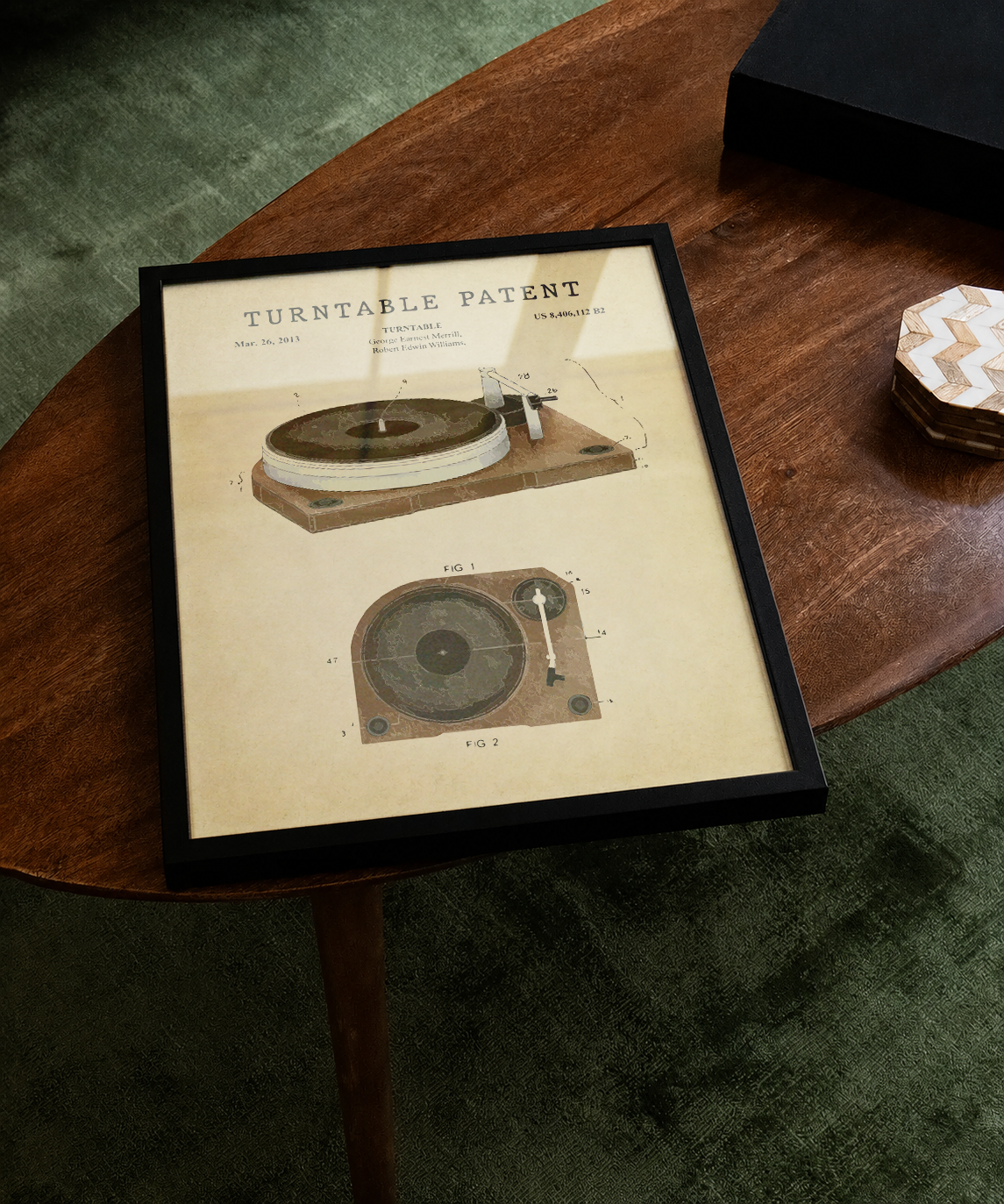 Turntable patent print displayed on a tabletop