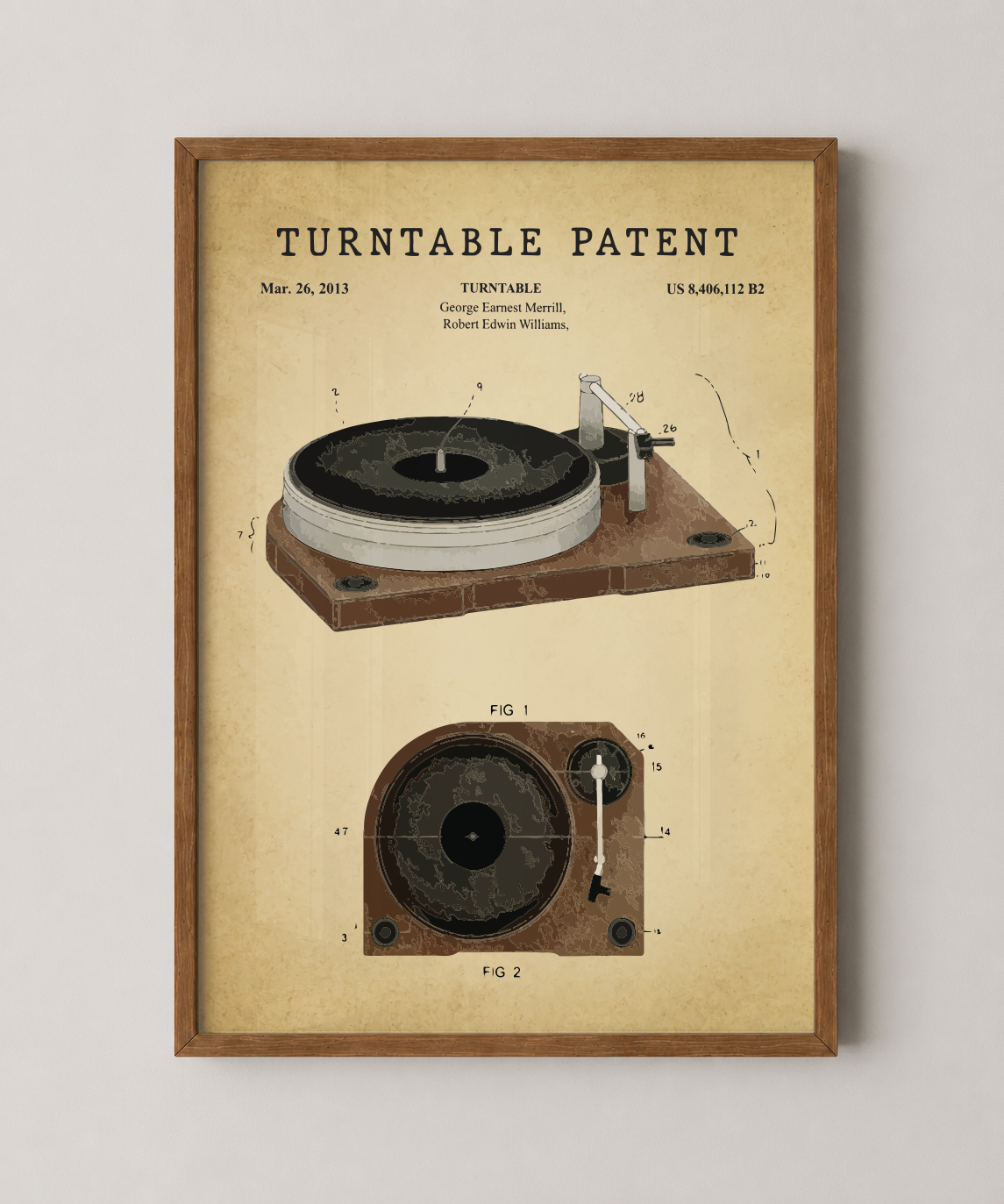 Turntable patent print in a natural oak wood frame