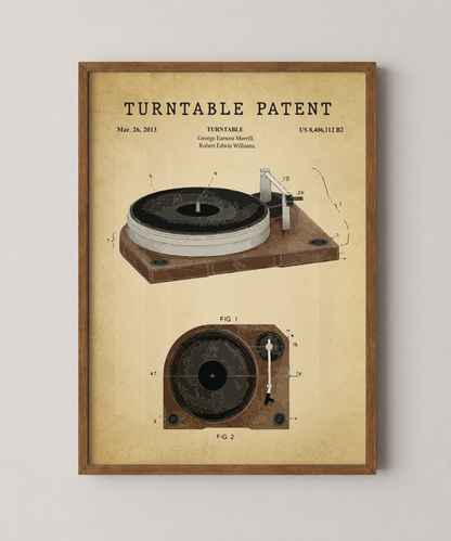Turntable patent print in a natural oak wood frame