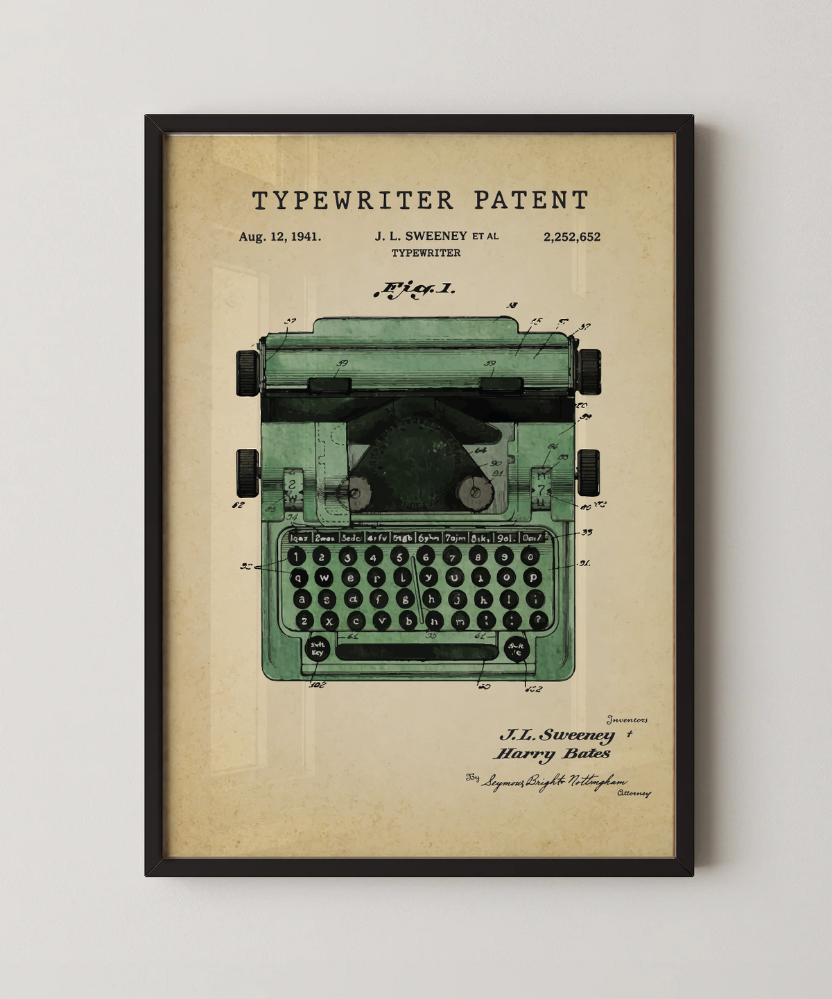 Typewriter patent print in a black frame