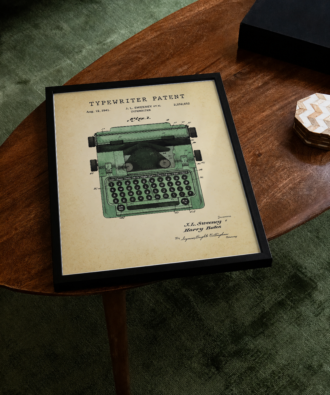 Typewriter patent print displayed on a tabletop