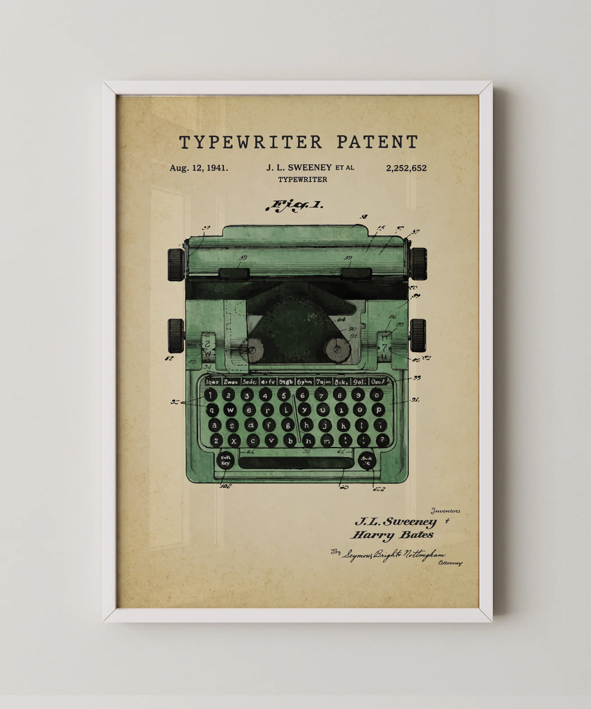 Typewriter patent print in a white frame