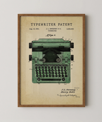 Typewriter patent print in a natural oak wood frame