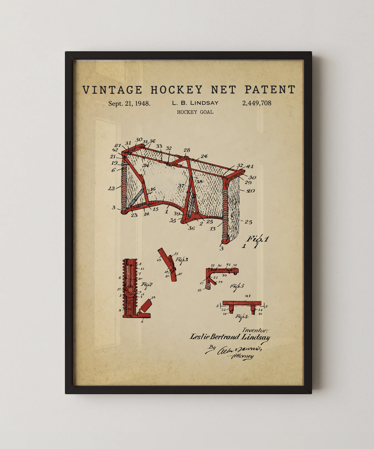 Vintage hockey net patent print in a black frame