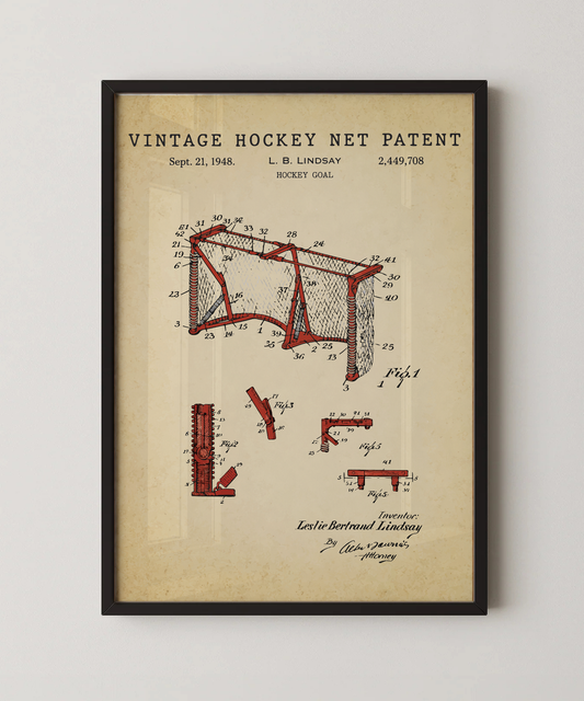 Vintage hockey net patent print in a black frame