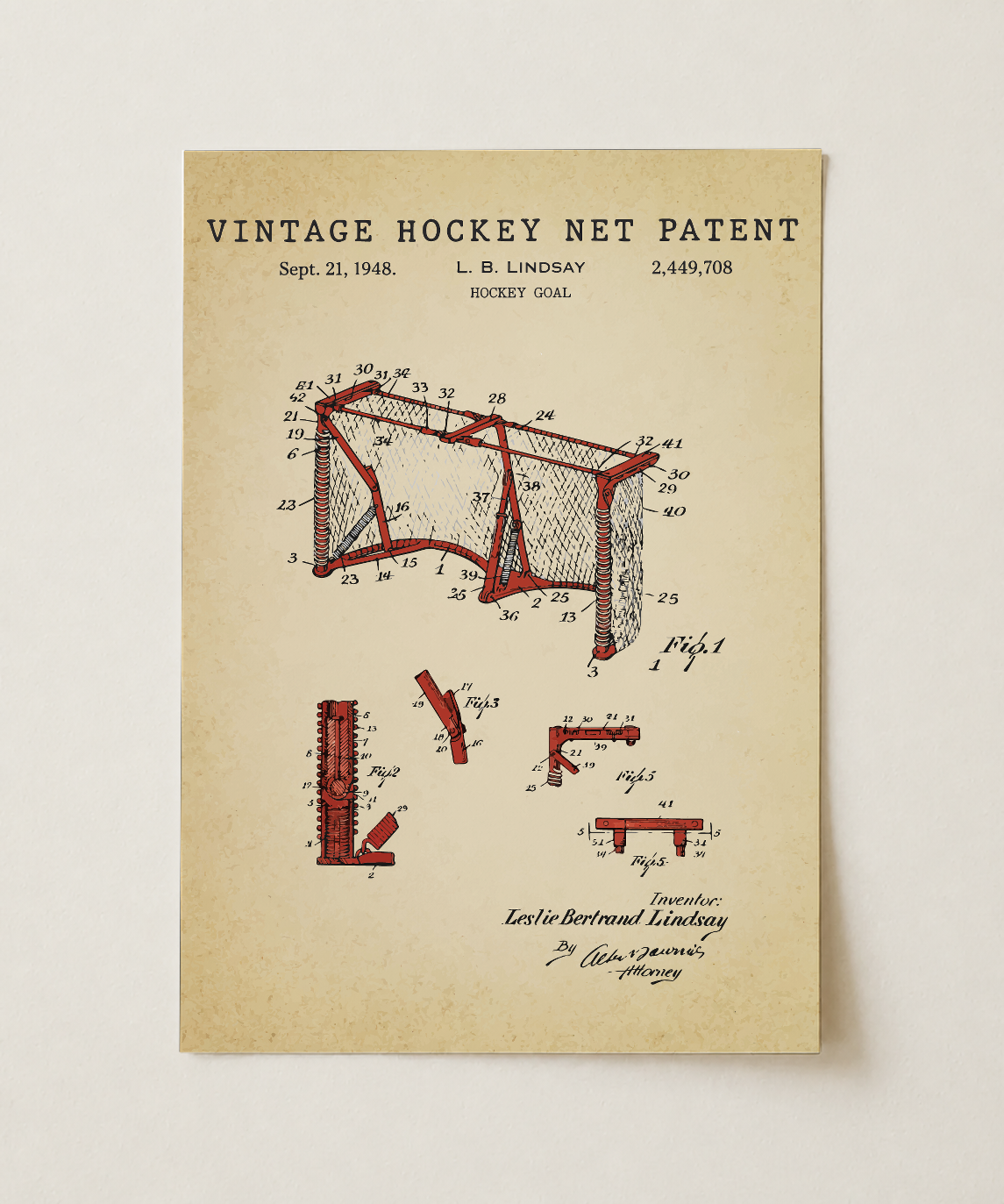 Vintage hockey net patent print, unframed