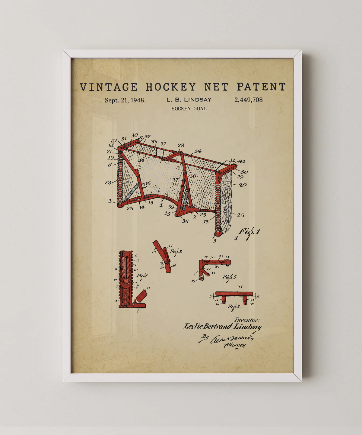 Vintage hockey net patent print in a white frame