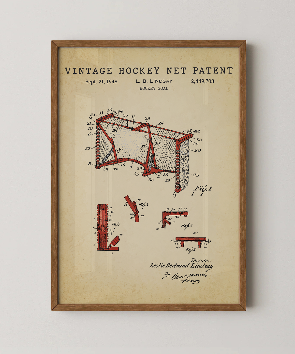 Vintage hockey net patent print in a natural oak wood frame