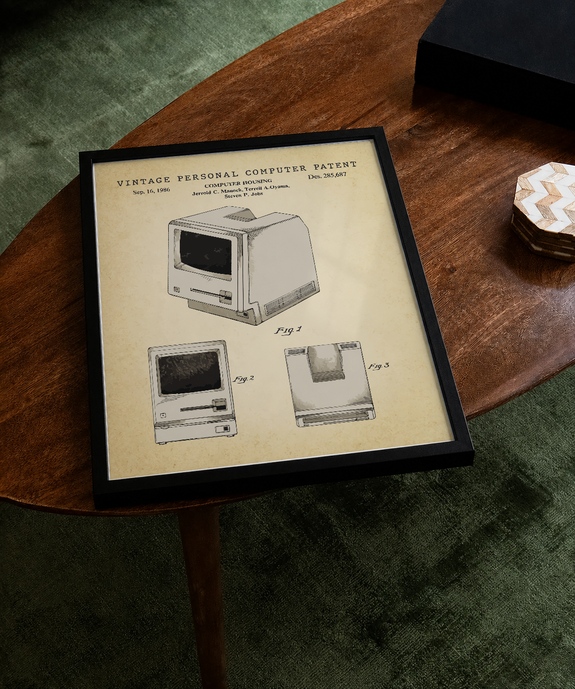 Vintage personal computer patent print displayed on a tabletop