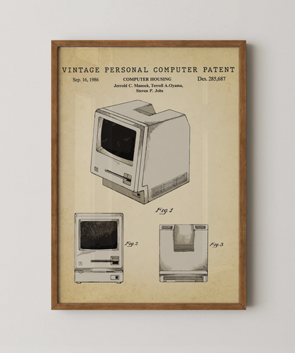 Vintage personal computer patent print in a natural oak wood frame