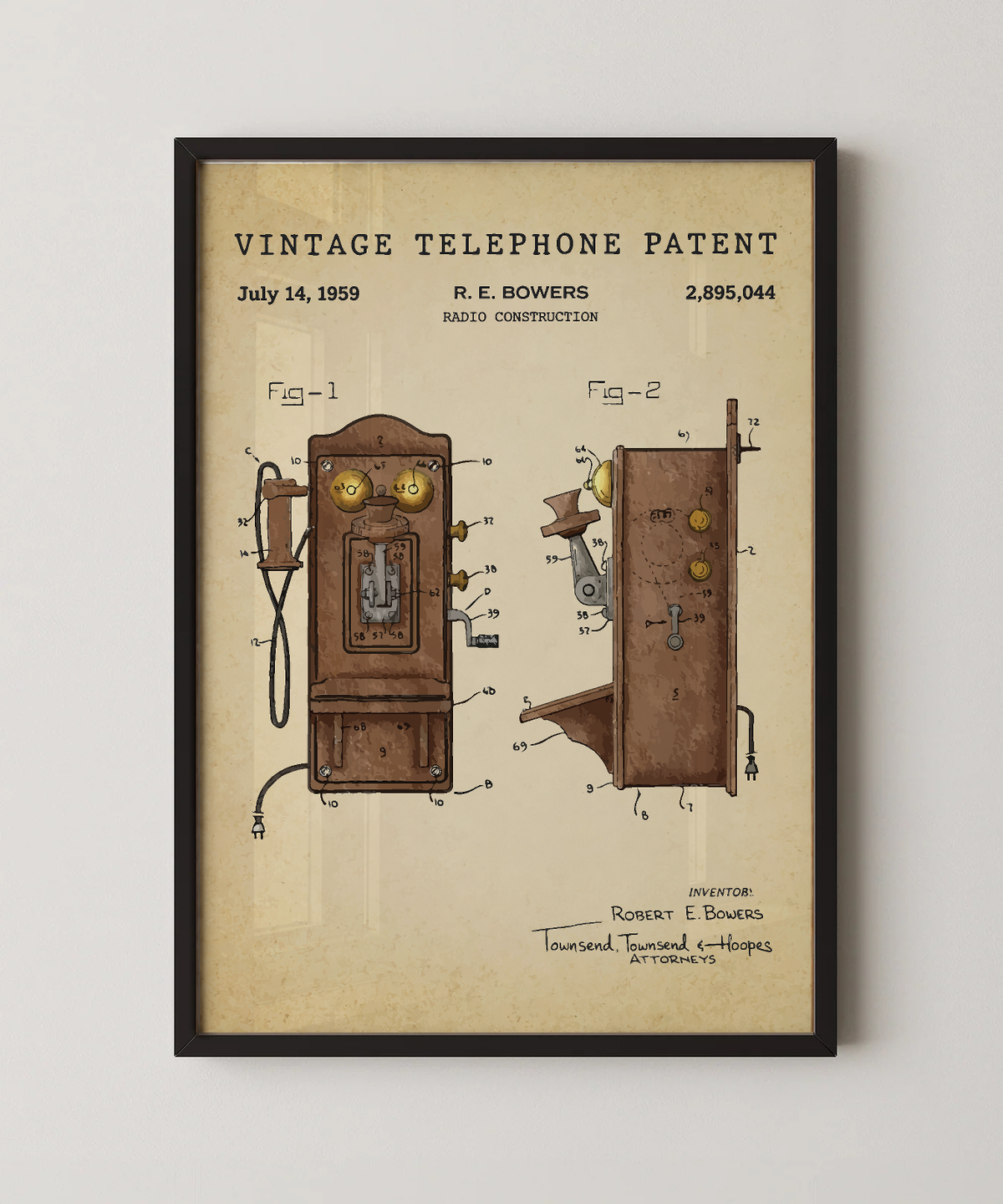 Vintage telephone patent print in a black frame