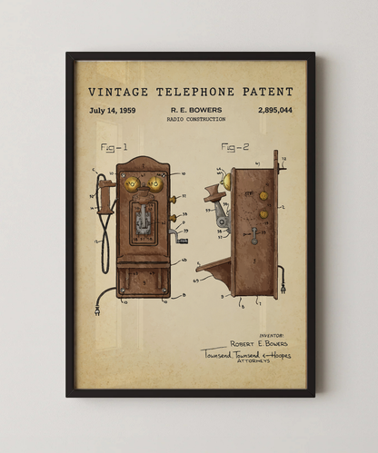 Vintage telephone patent print in a black frame