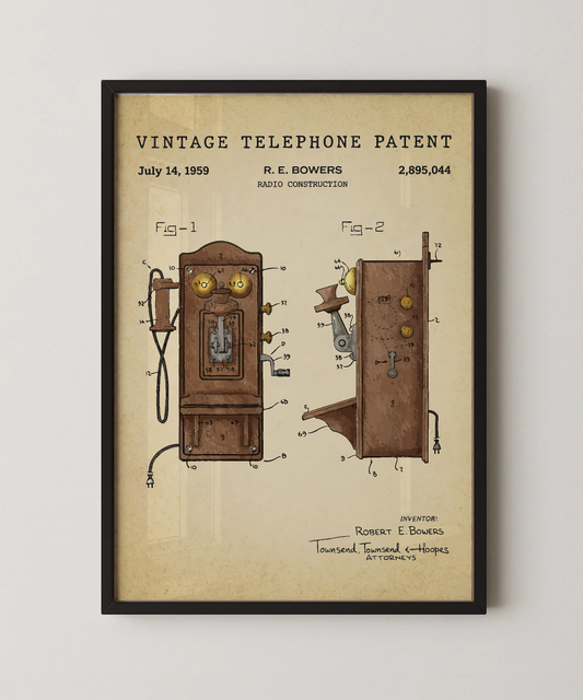 Vintage telephone patent print in a black frame
