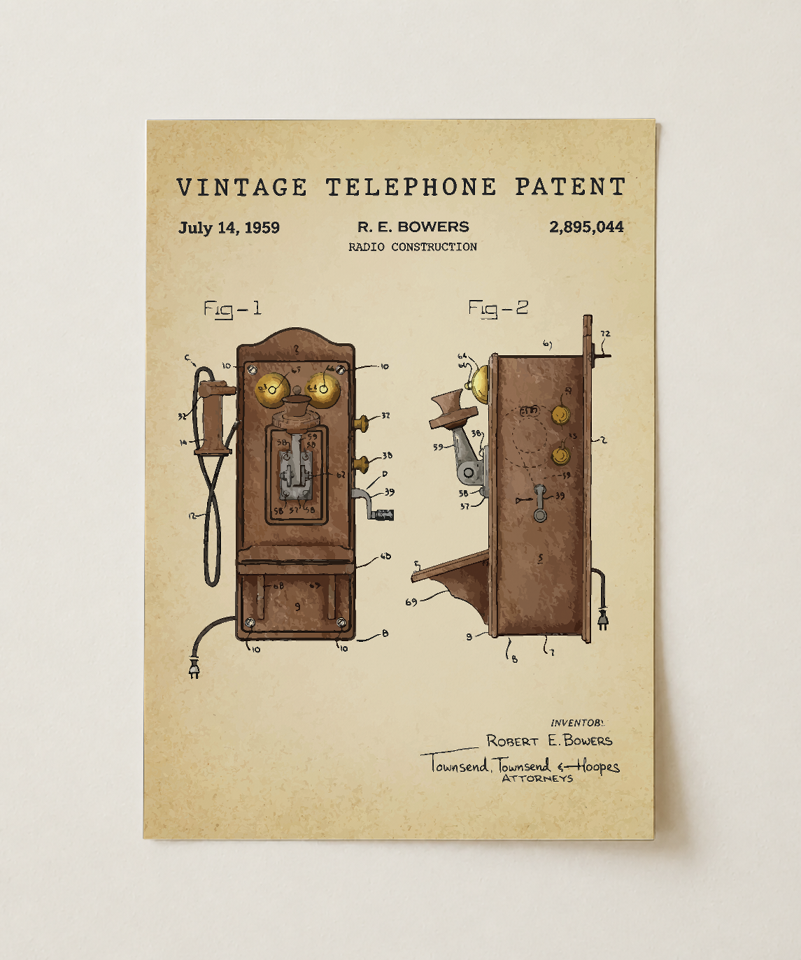 Vintage telephone patent print, unframed