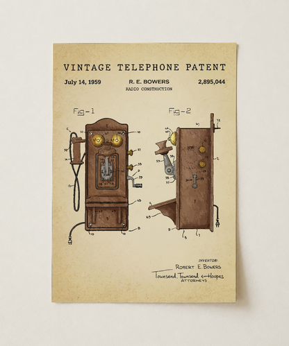 Vintage telephone patent print, unframed