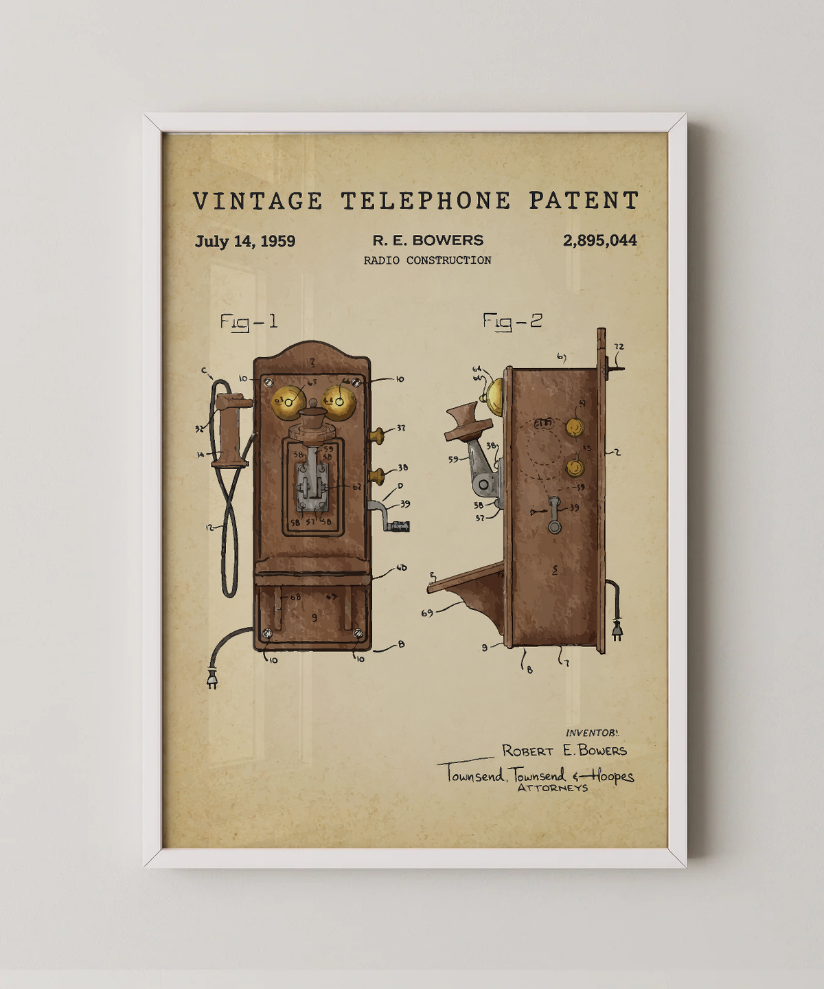 Vintage telephone patent print in a white frame