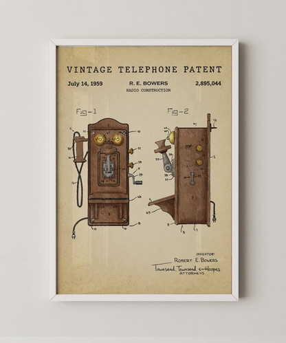 Vintage telephone patent print in a white frame