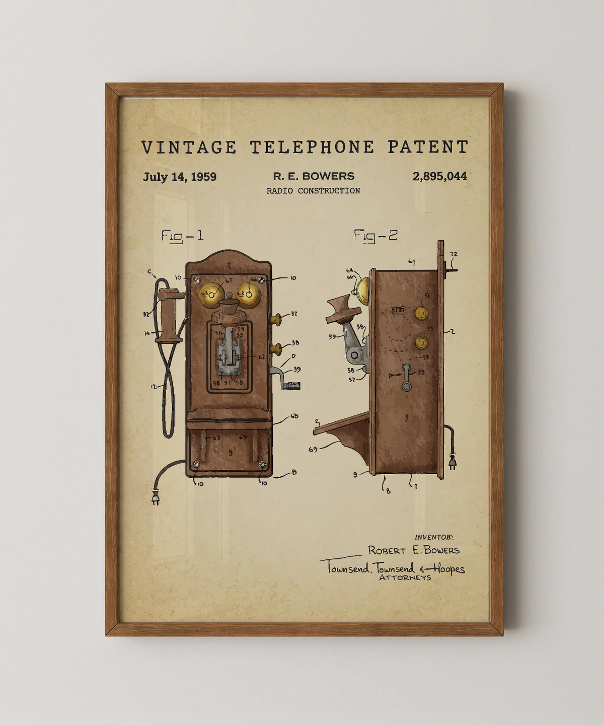 Vintage telephone patent print in a natural oak wood frame