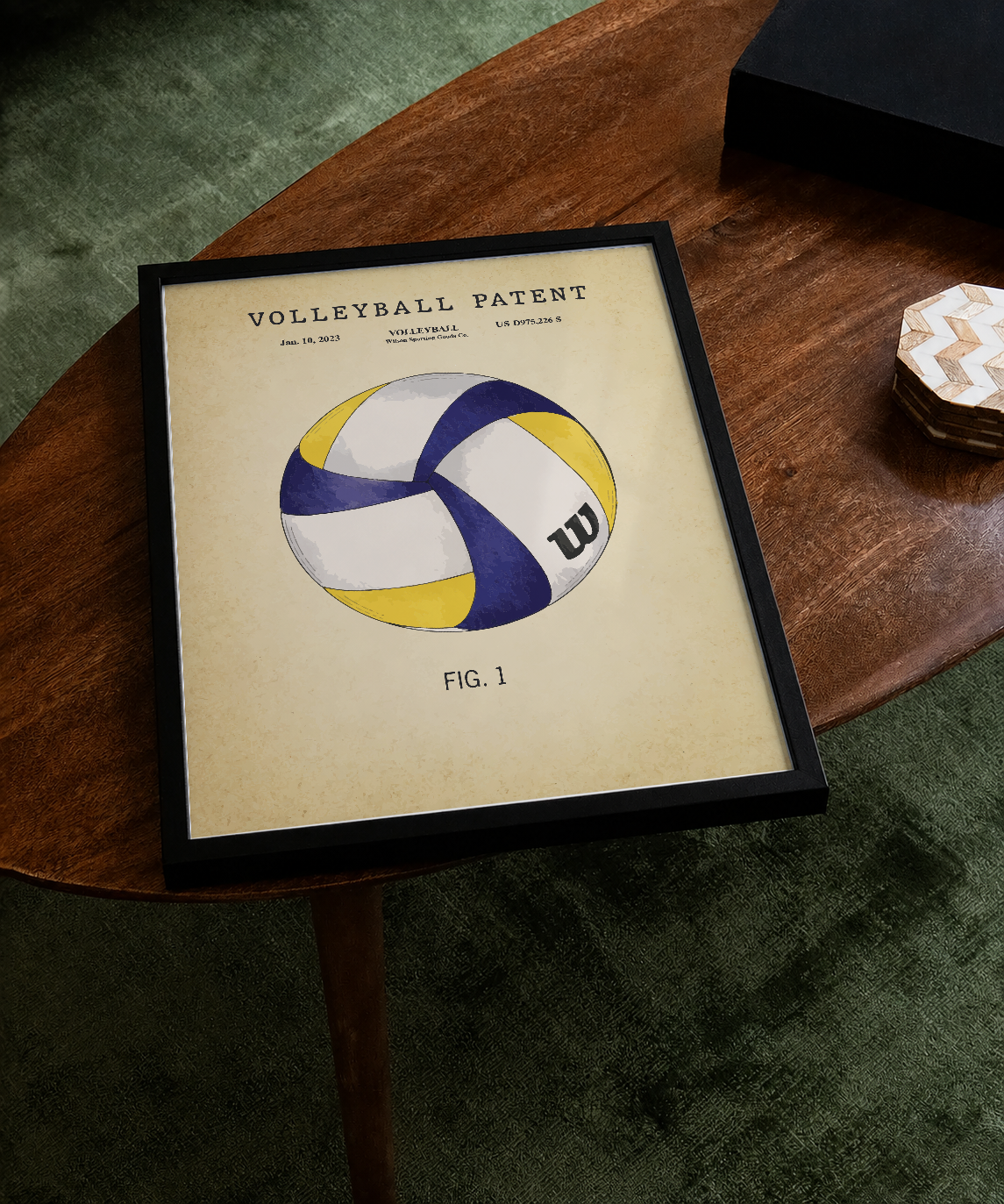Volleyball patent print displayed on a tabletop
