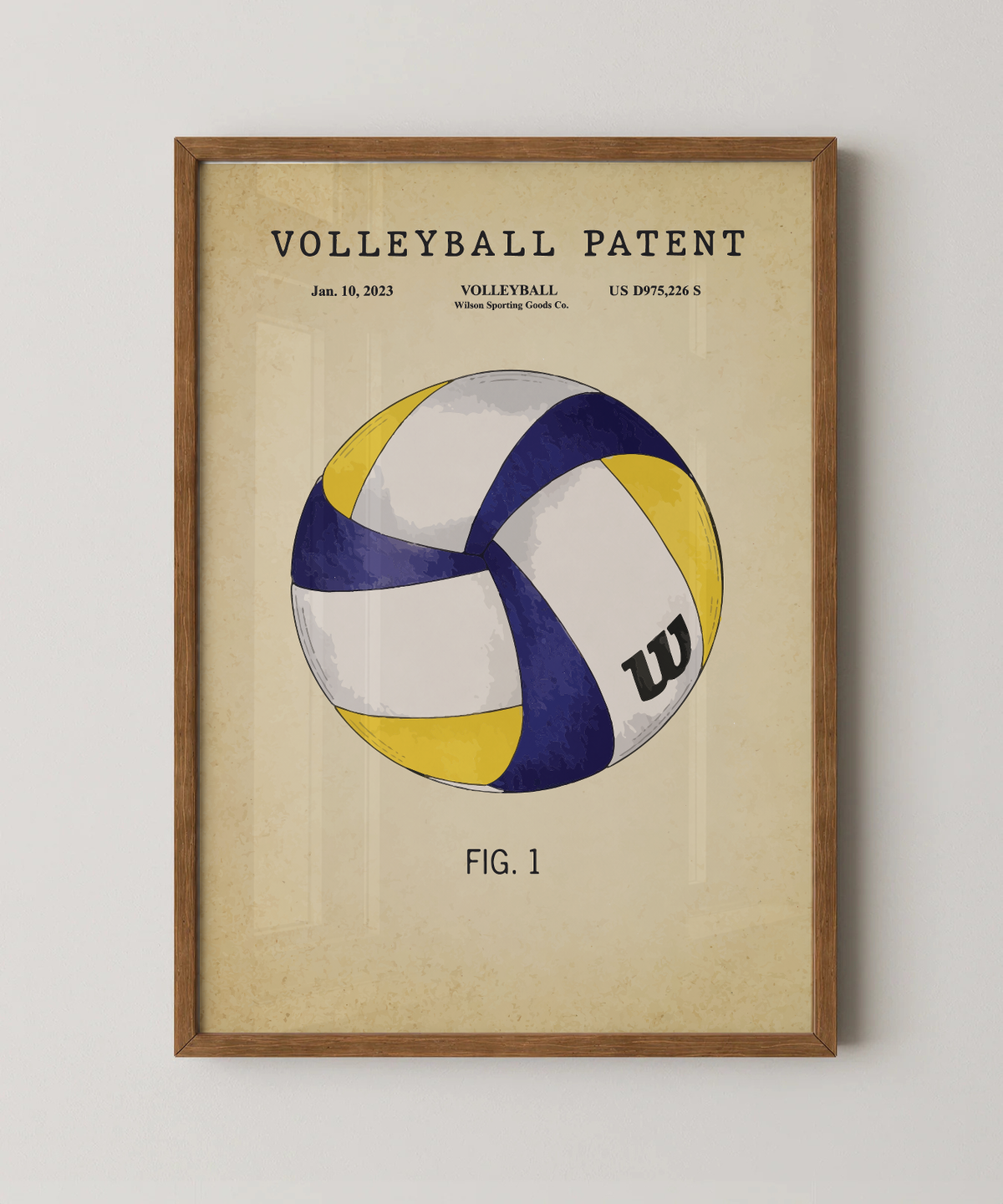 Volleyball patent print in a natural oak wood frame