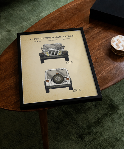 White off-road vehicle patent print displayed on a tabletop