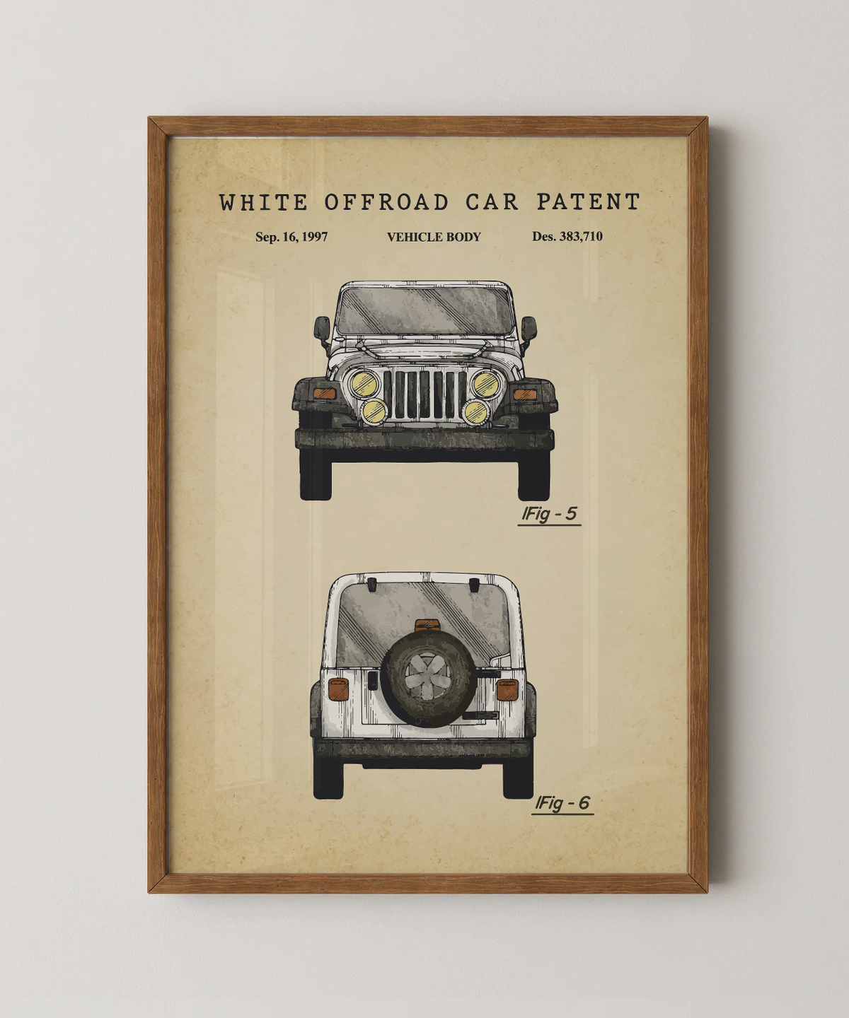 White off-road vehicle patent print in a natural oak wood frame