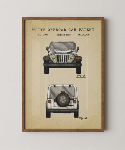 White off-road vehicle patent print in a natural oak wood frame