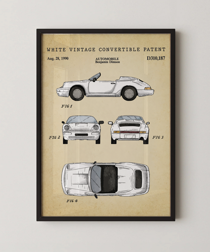 White vintage convertible patent print in a black frame