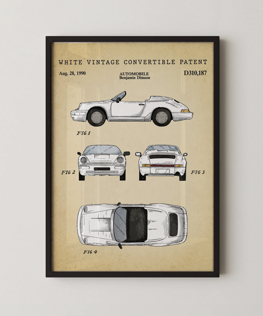 White vintage convertible patent print in a black frame