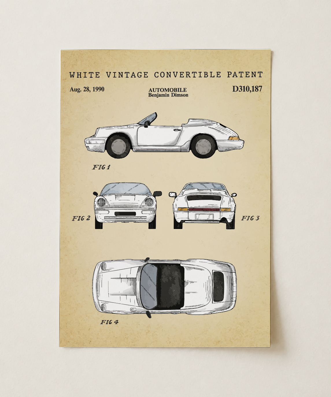 White vintage convertible patent print, unframed