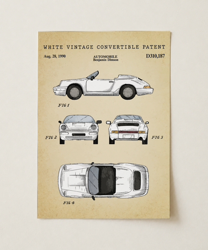 White vintage convertible patent print, unframed