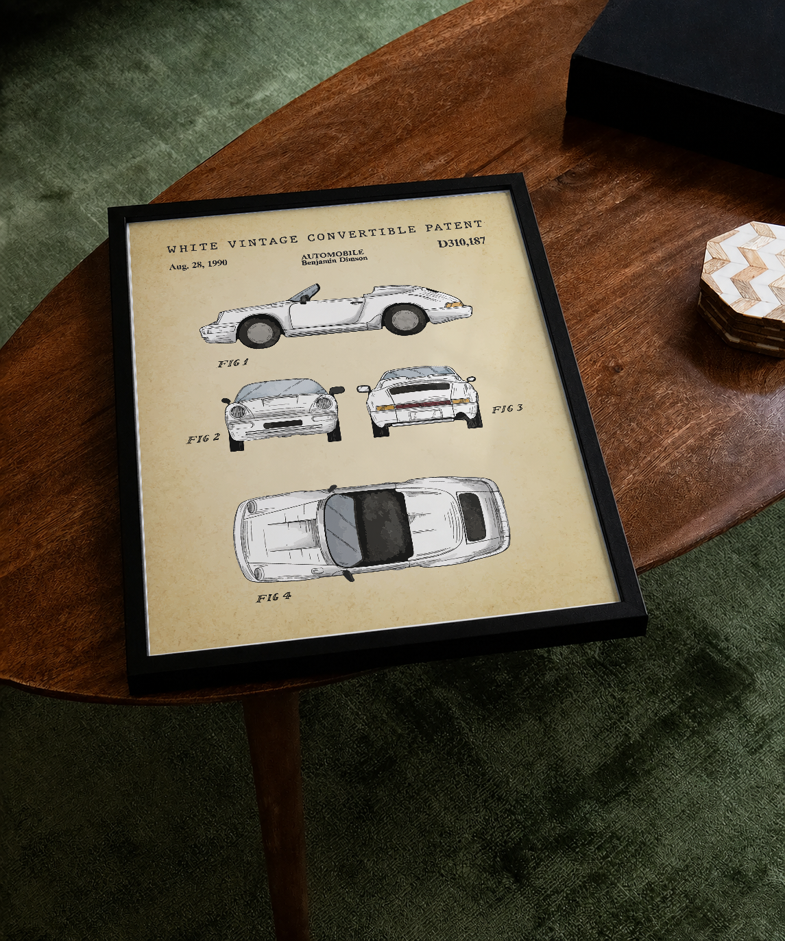 White vintage convertible patent print displayed on a tabletop