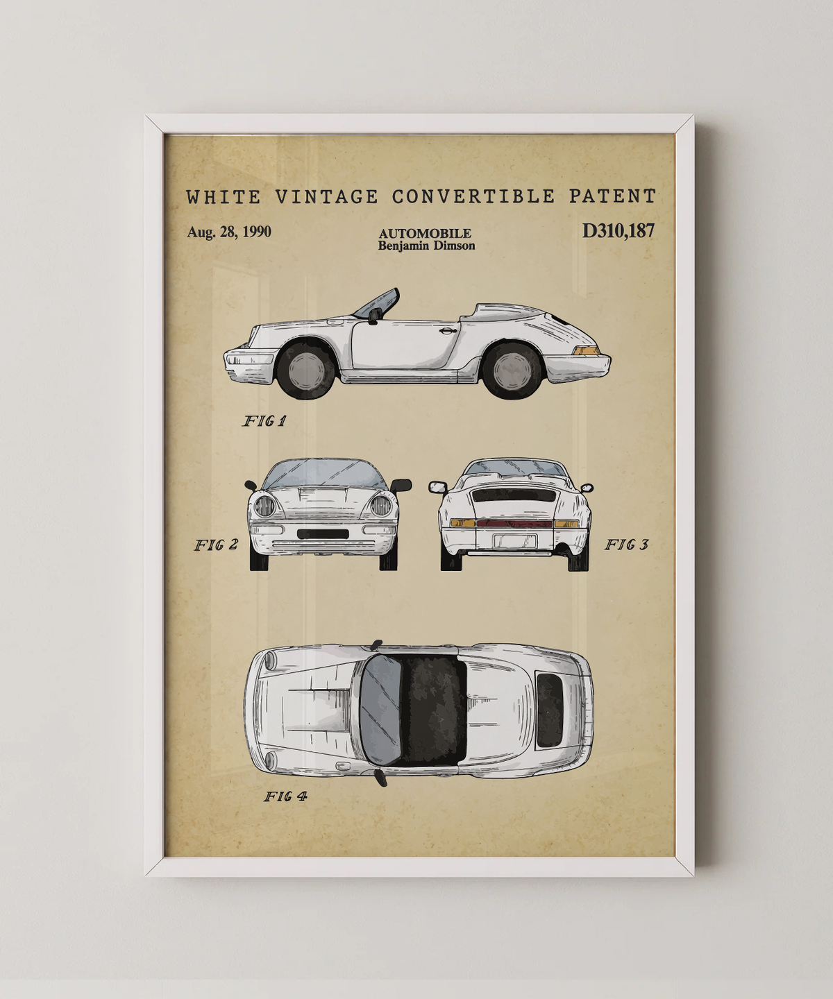 White vintage convertible patent print in a white frame