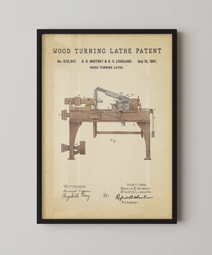 Wood turning lathe patent print in a black frame