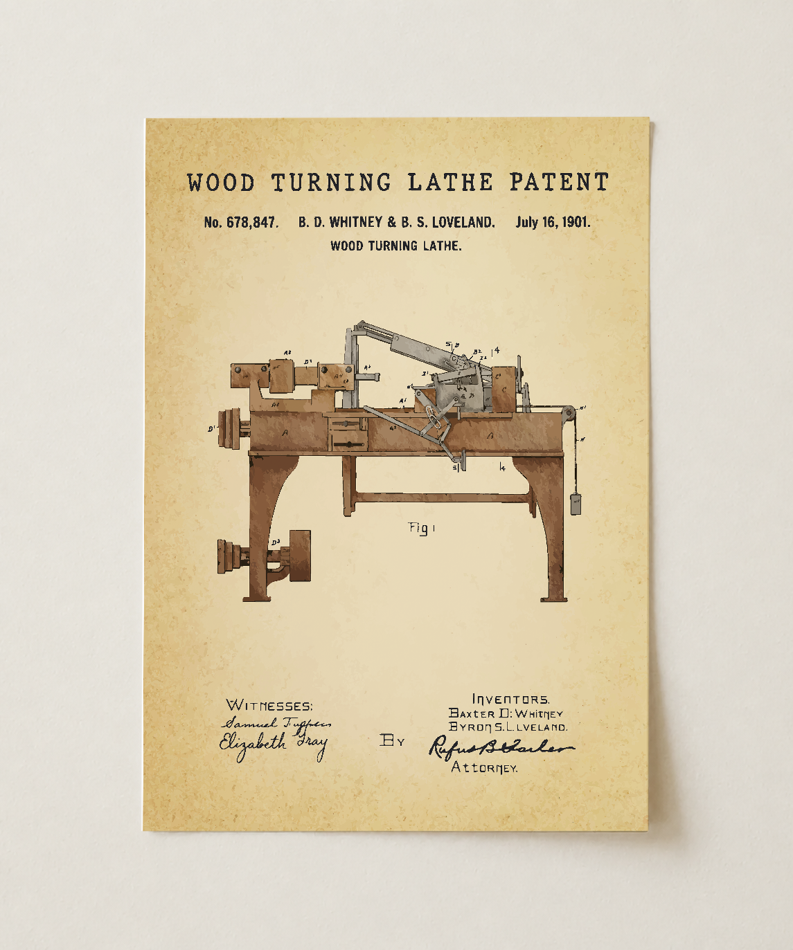 Wood turning lathe patent print, unframed
