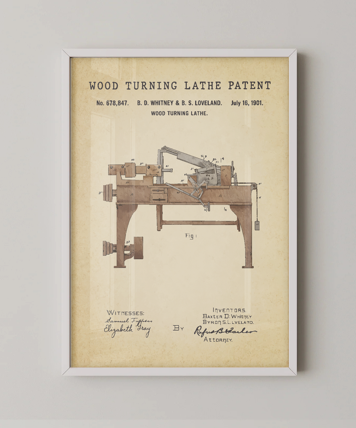 Wood turning lathe patent print in a white frame