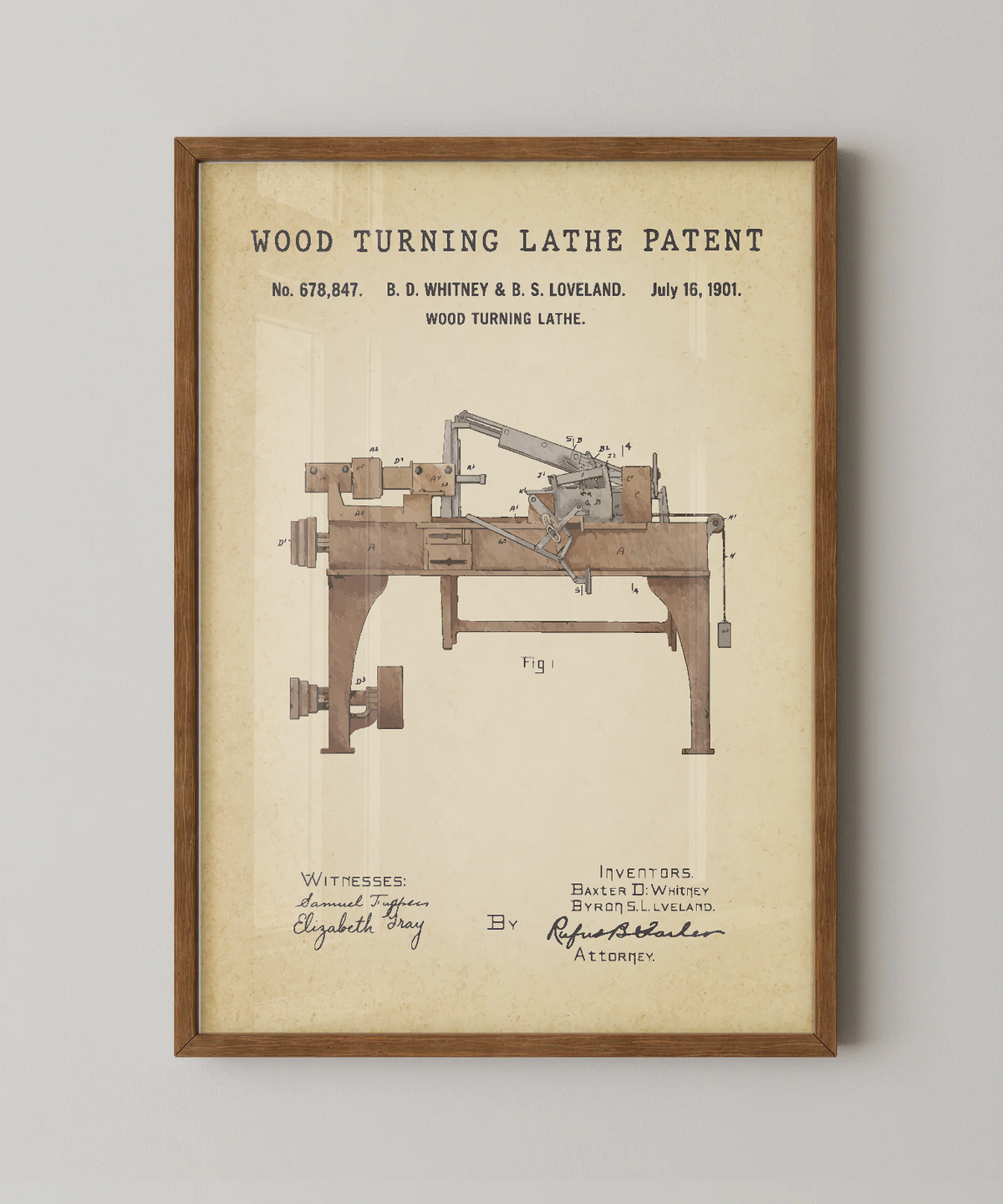 Wood turning lathe patent print in a natural oak wood frame